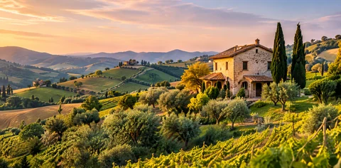 A rustic farmhouse among sunlit vineyards and olive groves