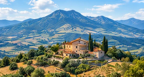 A stone country home among olive groves with mountains beyond