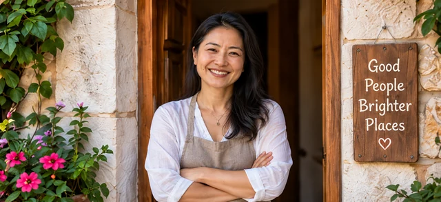 A smiling woman welcoming visitors at a stone-house doorway