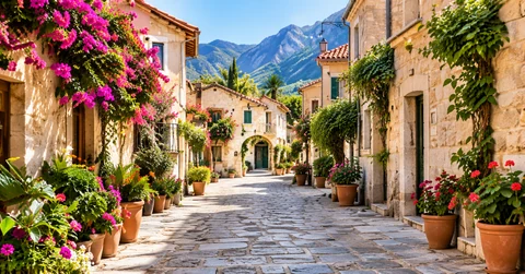 A village lane lined with flowers, stone homes and arched doorways