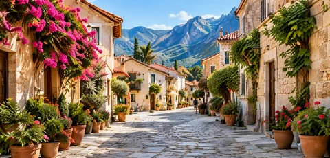 A flower-filled village lane with mountains in the distance